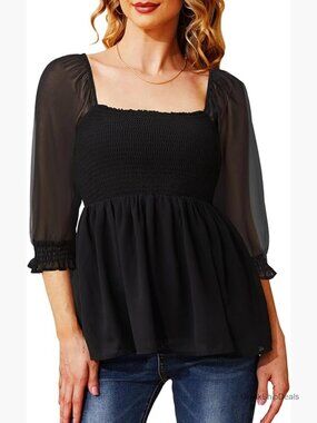 Chiffon Smocked Babydoll Top with Puff Sleeves Peplum Flare Blouse
